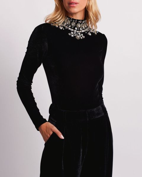 Black Modern Patbo Tops & Bodysuits Hand-Beaded Velvet Bodysuit Women
