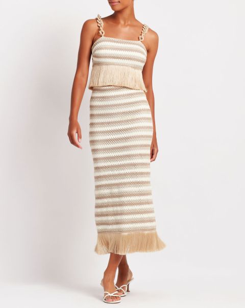 Natural Striped Crochet Fringe Trim Maxi Skirt (Final Sale) Must-Go Prices Bottoms Patbo Women